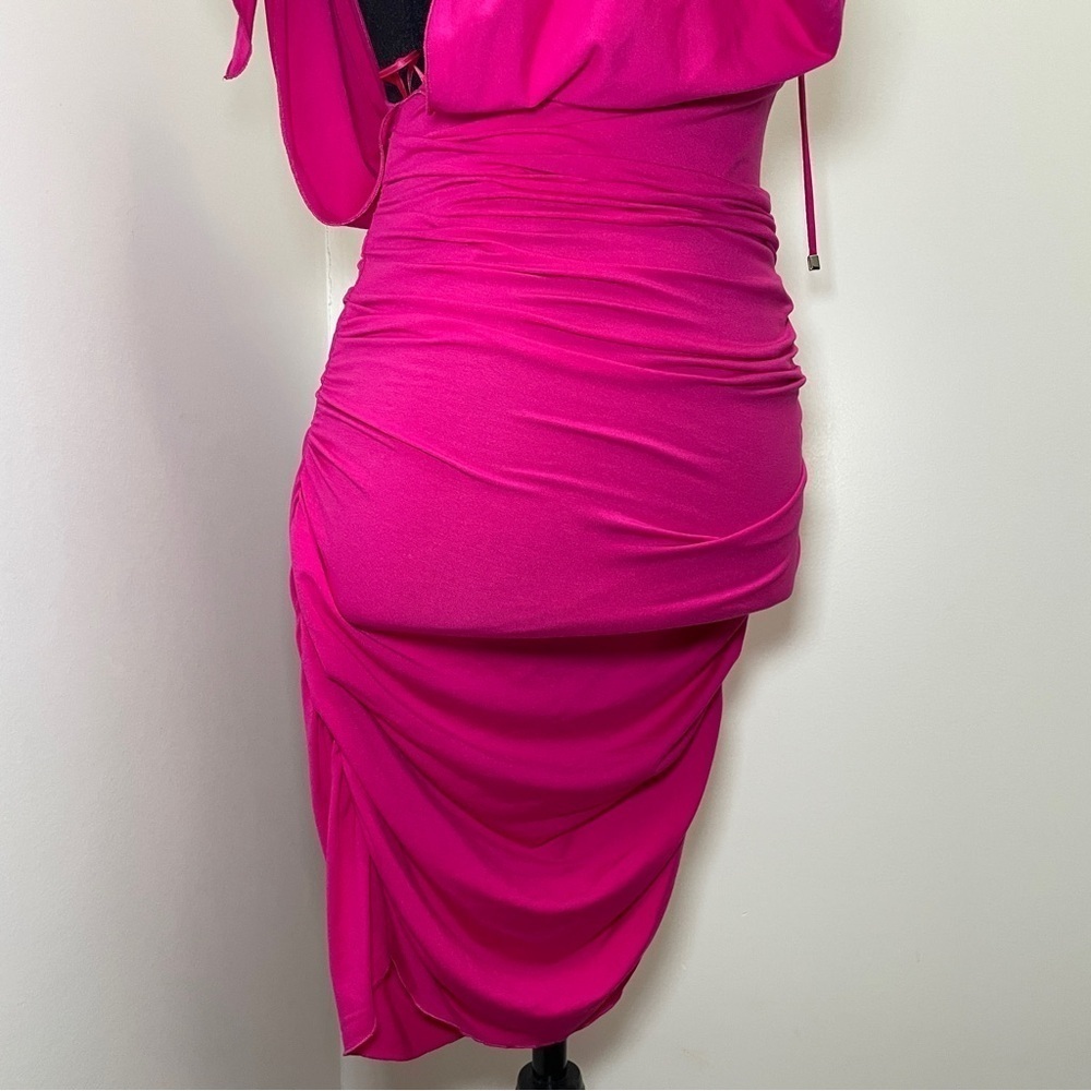 NEW! THE ATTICO- Plunge Neck Mini Dress Fushica Size Small Hot Pink - Picture 5 of 13